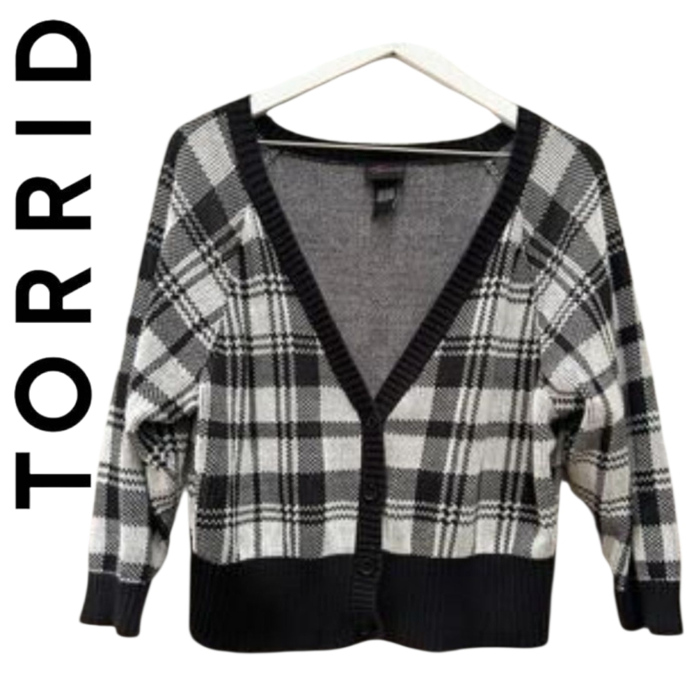 Torrid Plaid Button Up Cardigan Sweater Black White Plus Size 4X